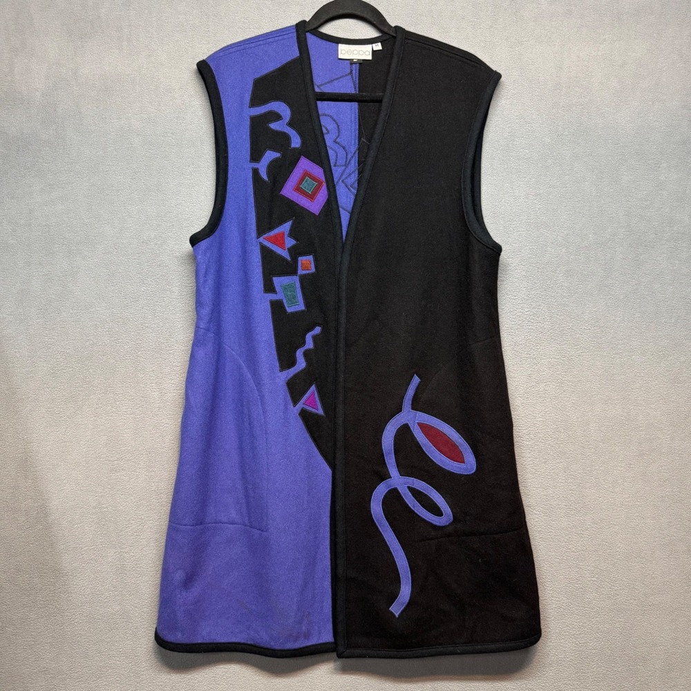 Beppa Pure Wool Long Vest Abstract Geometric Art To Wear Medium Purple Black